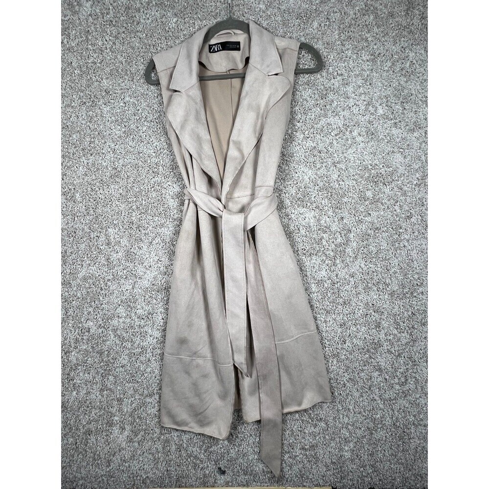 Zara Womens Small Belted Sleeveless Duster Vest Beige Trench Open Front